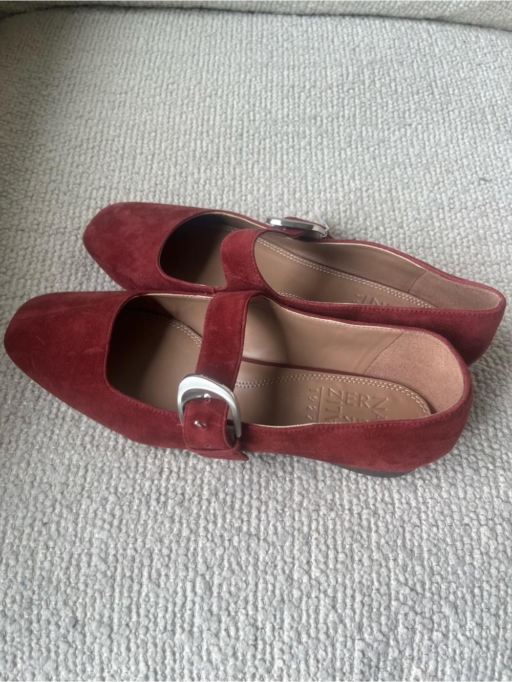 Naturalizer Burgundy Suede Mary Jane Flats with Silver Buckle